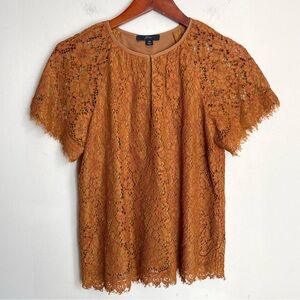 J.Crew Copper‎ Brown All Over Lace Short Sleeve Top w/ Keyhole Neckline Size XS